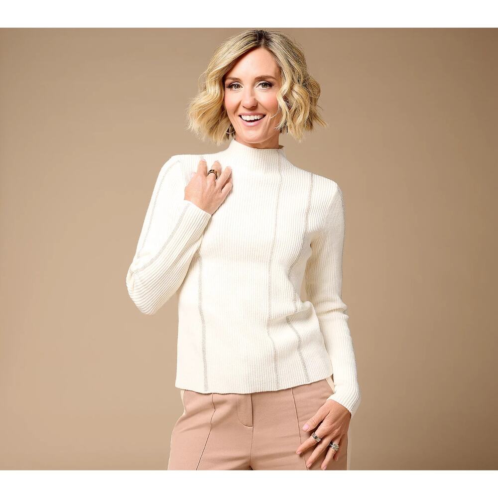 Studio Park x Kerstin Lindquist Womens Sweater Size 1X Cream Metallic Stripe
